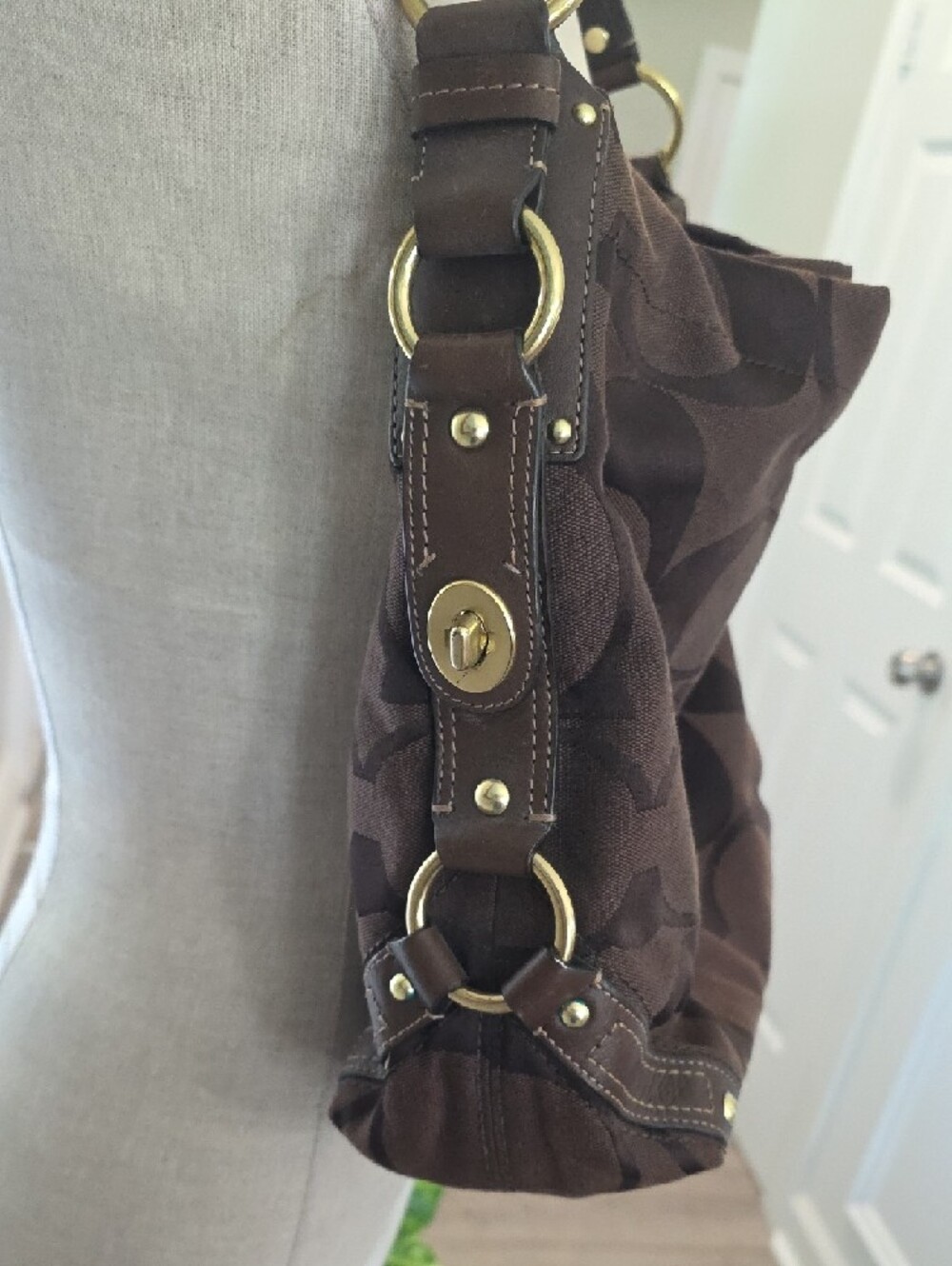 Coach Brown Signature Canvas Shoulder Bag with Gold-Tone Hardware - Picture 7 of 14